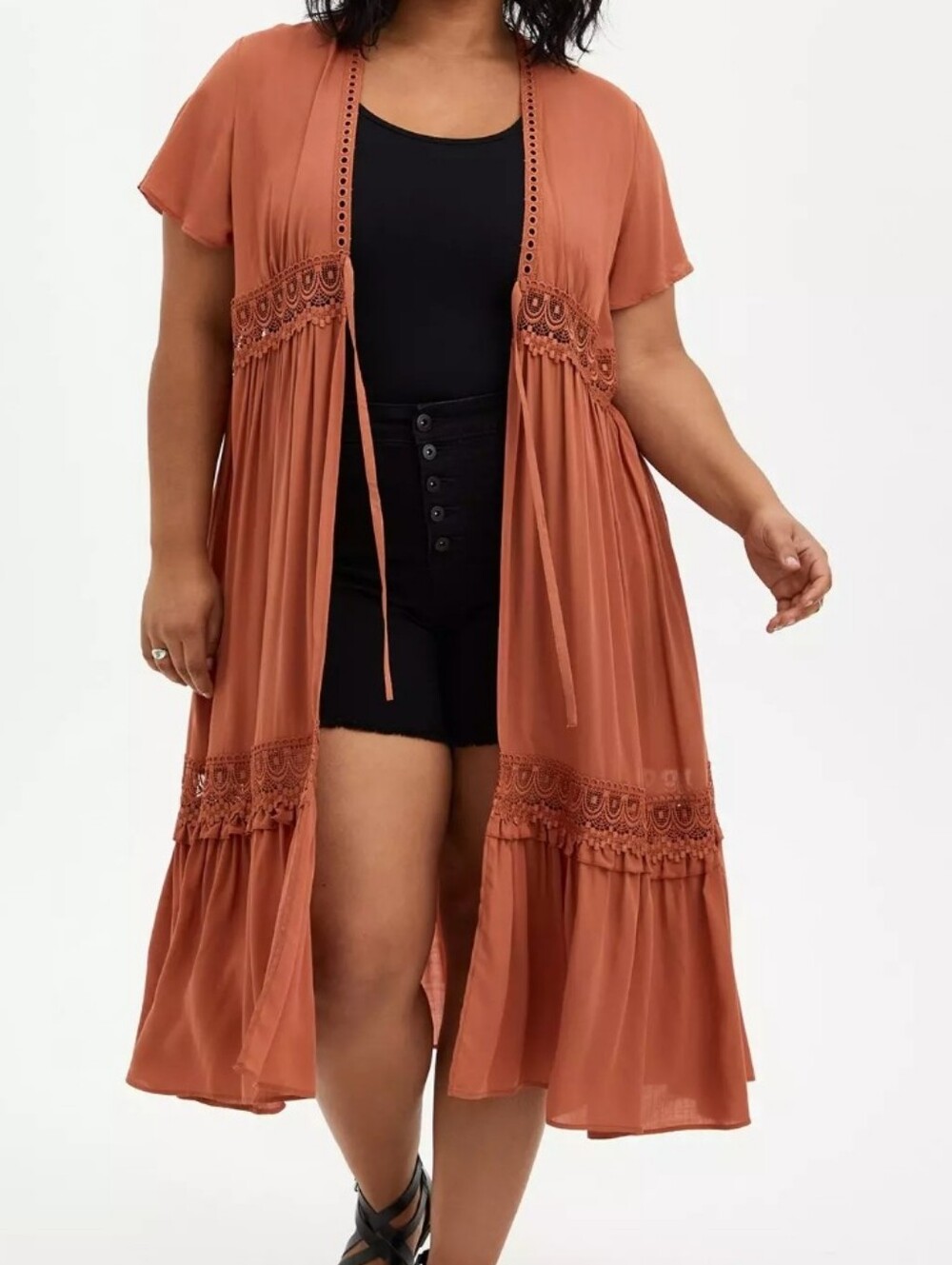 Torrid Women's Open Auburn Crochet Duster Kimono Short Sleeve sz 1X